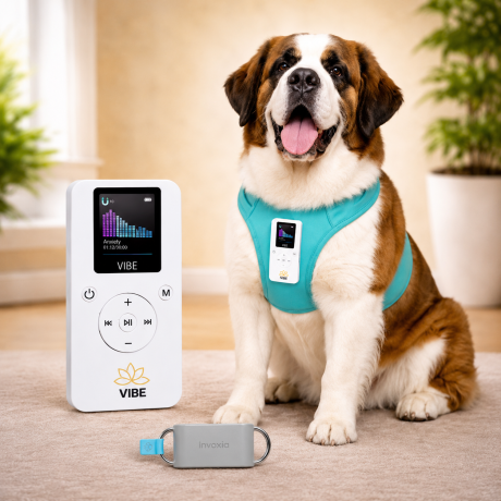 Dog wearing a VIBE vest next to a VIBE device
