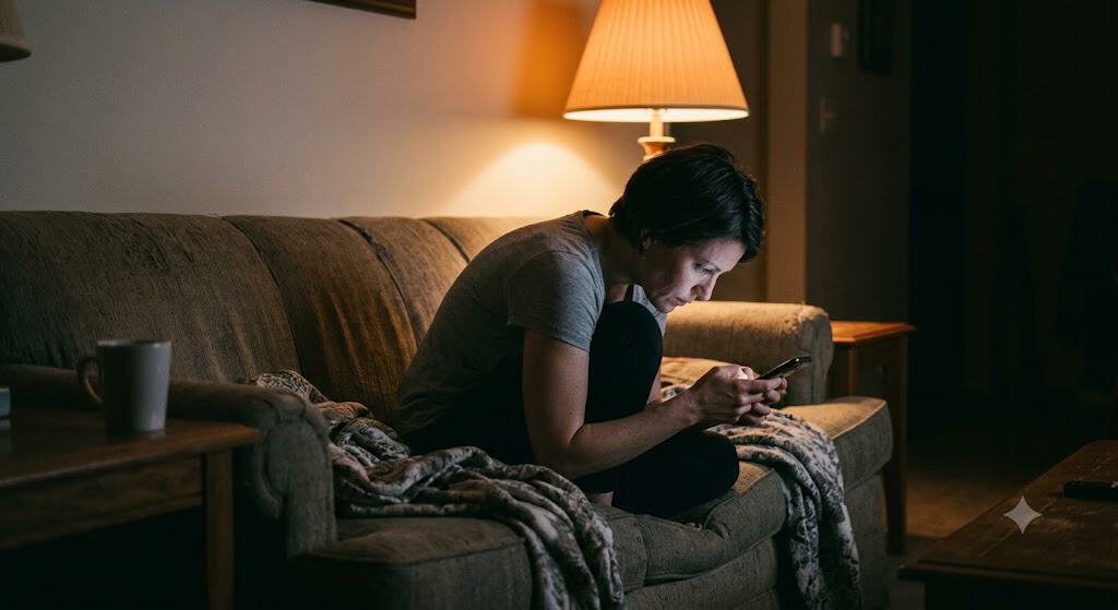 Woman curled up on a couch at night in an awkward position, lit by her phone screen