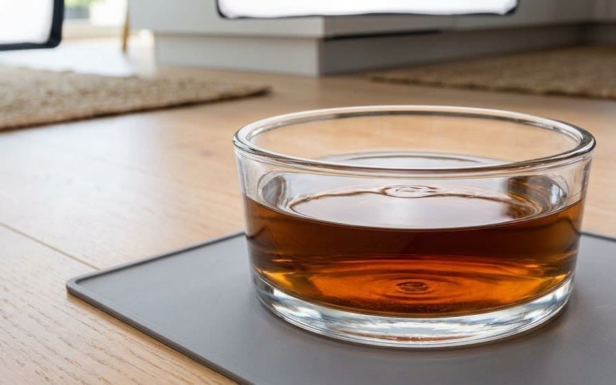 A glass bowl of amber, tea-colored water.