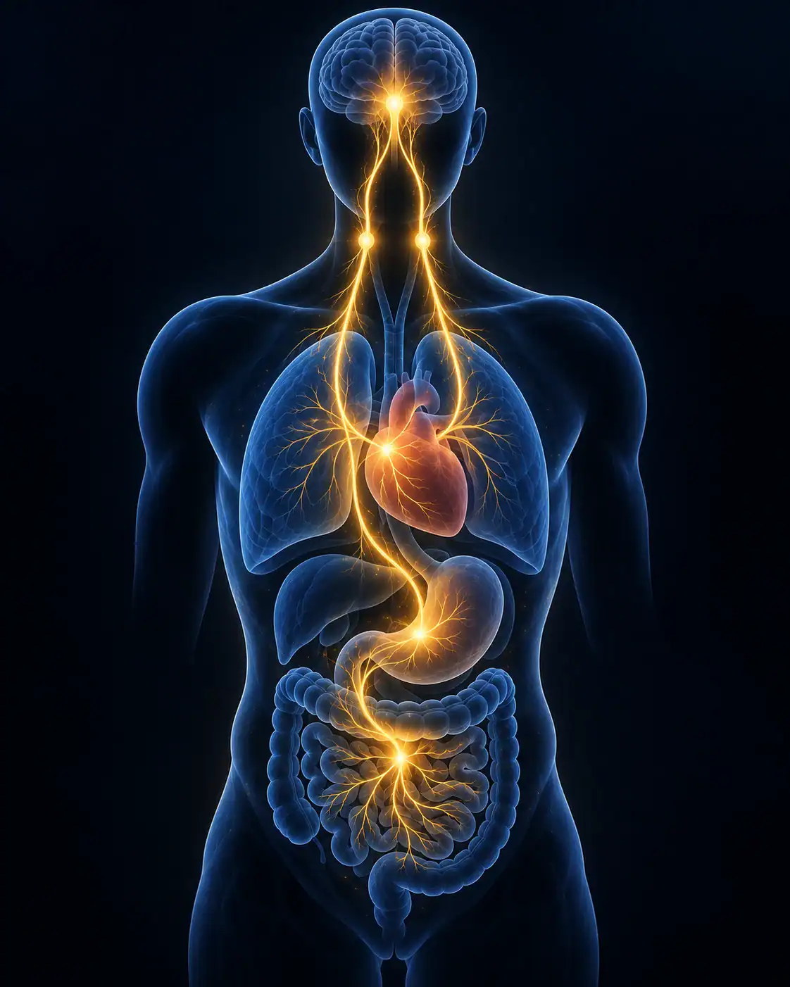 Illustration of the vagus nerve glowing gold from the brainstem down through the heart, lungs, stomach and gut