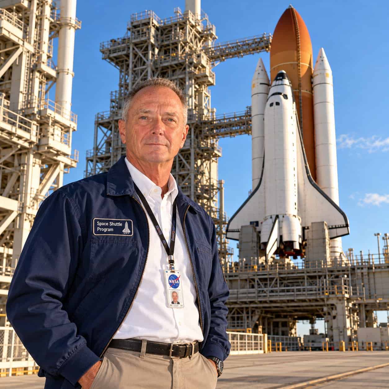 Mark&nbsp;L&nbsp;Fox, inventor of the VIBE, standing in front of a Space Shuttle on the launch pad